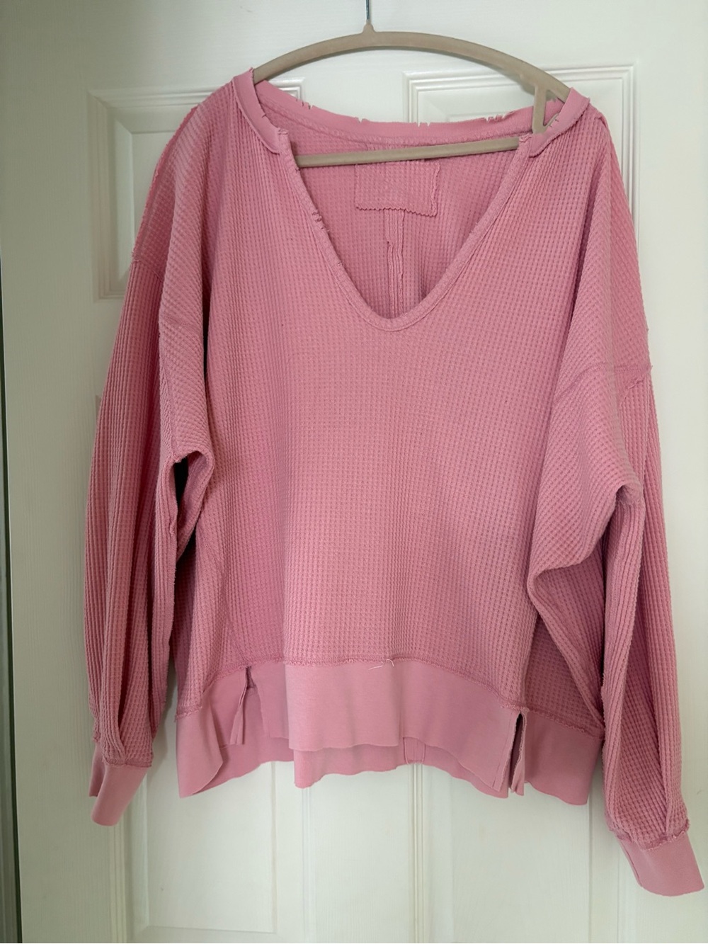 Free People Dusty Pink V-Neck Waffle Knit Pullover